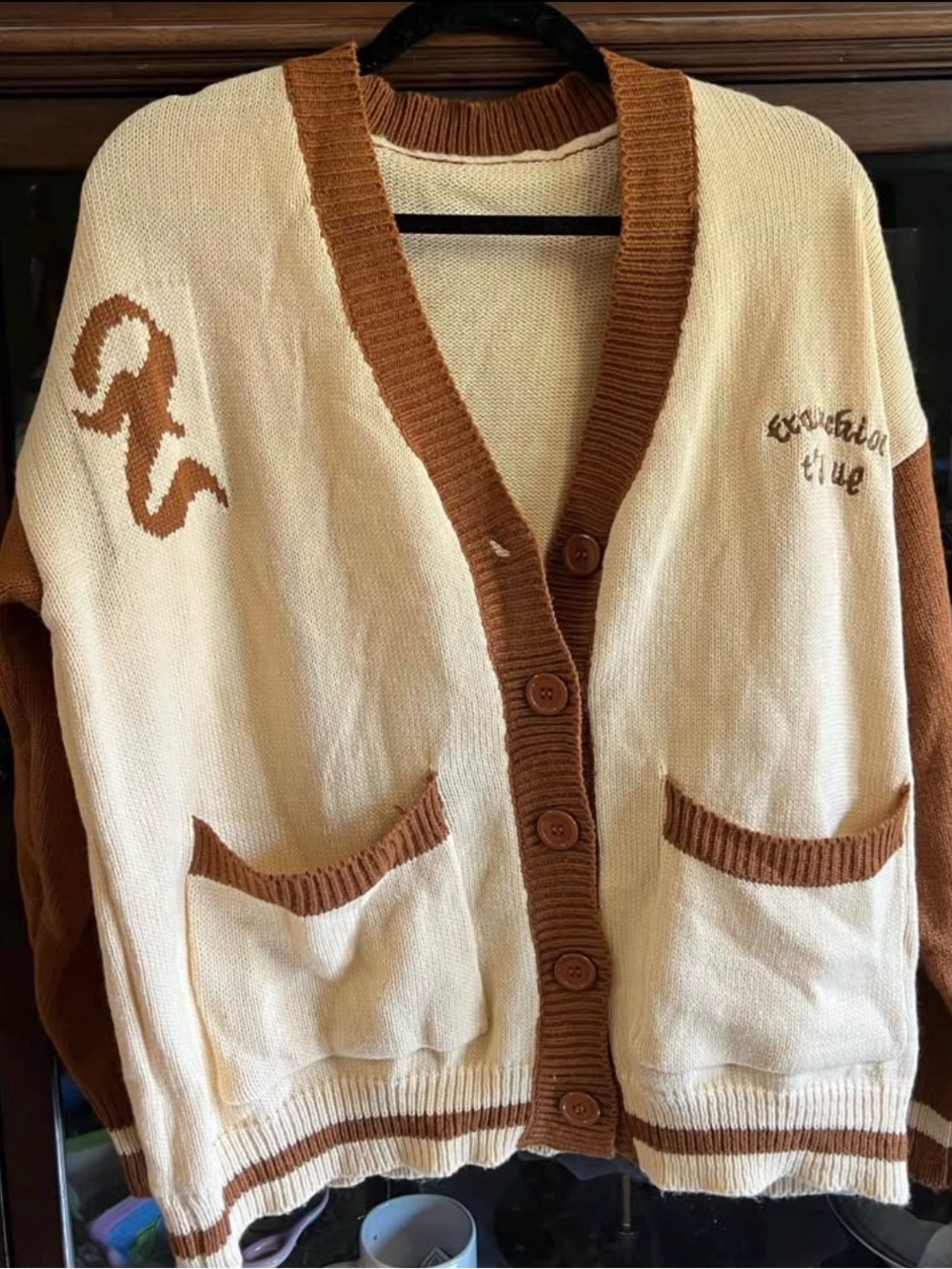 Cream and Brown Button-Front V-Neck Cardigan Sweater